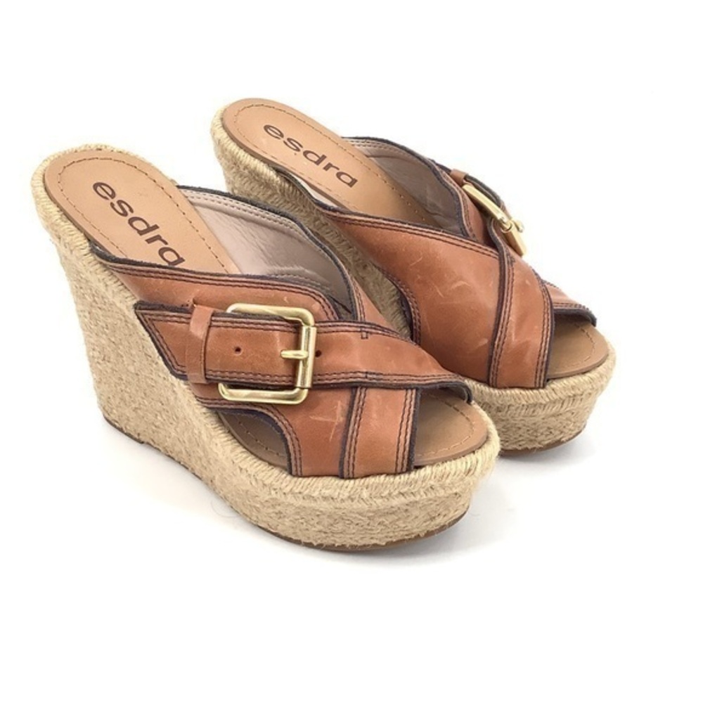 Platform Espadrille Sandal Esdra Brazilian Leather Gold Buckle US Size 6